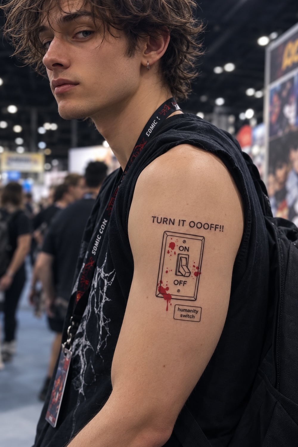 Humanity switch temporary tattoo on shoulder