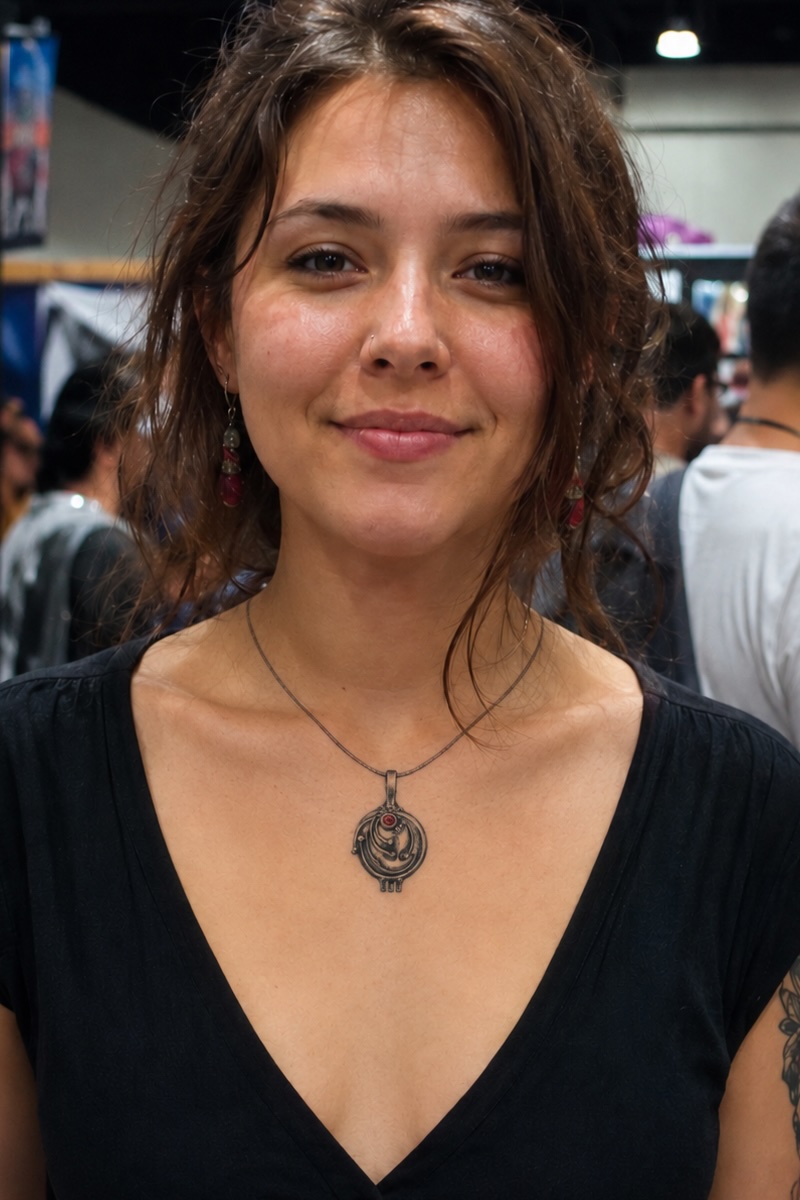 Portrait with pendant and temporary tattoo design