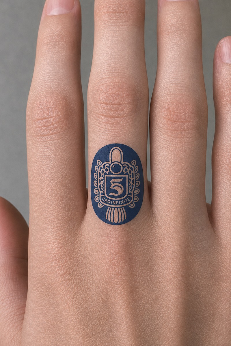 Cronfinite temporary tattoo on finger