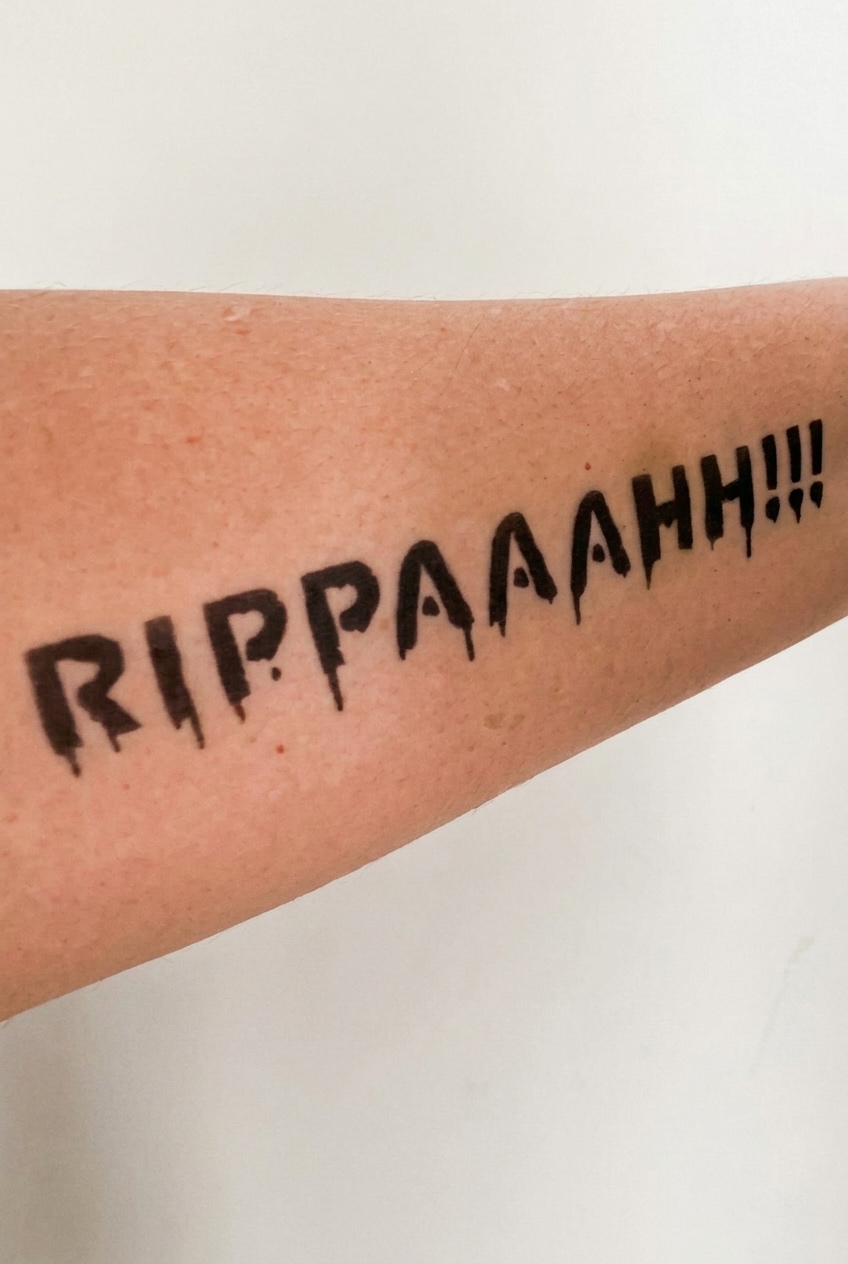 RIPPAAAHH temporary tattoo on arm